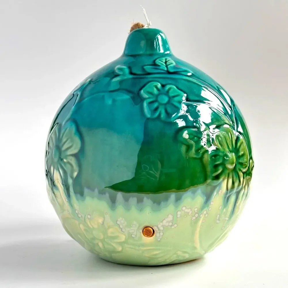 NEW Handmade Floral Turquoise Ceramic Bird House/Feeder